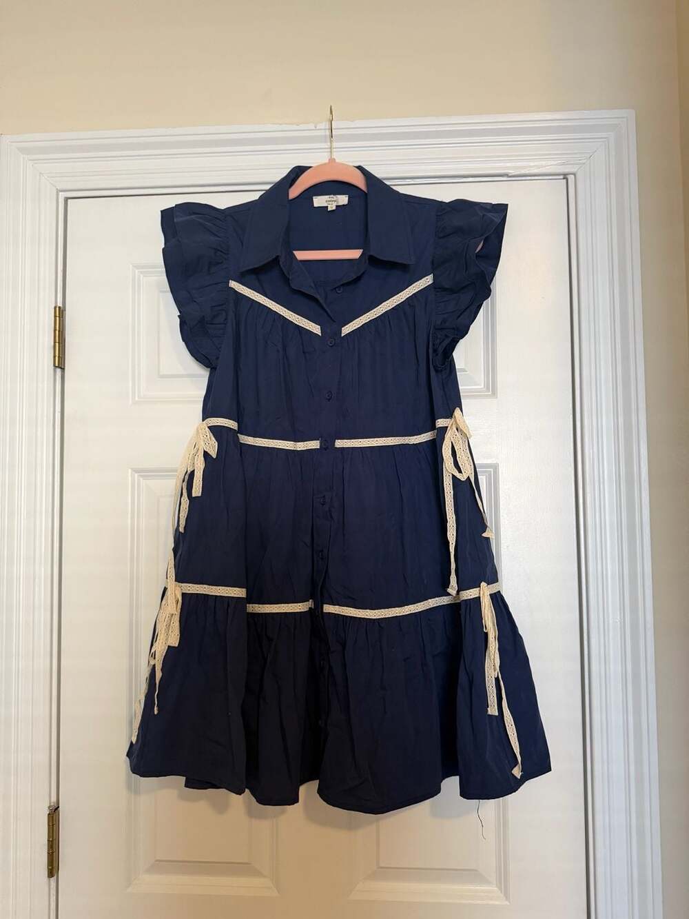 Entro Navy Blue Tiered Dress with Ruffled Sleeves and Lace Trim Size S